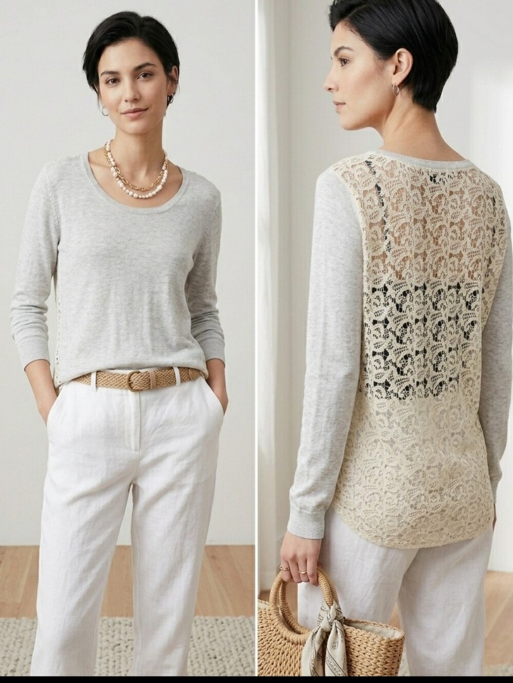 DH3 Lace/Crochet Back Detail Long Sleeve Lightweight Sweater,boho Coastal,Size L
